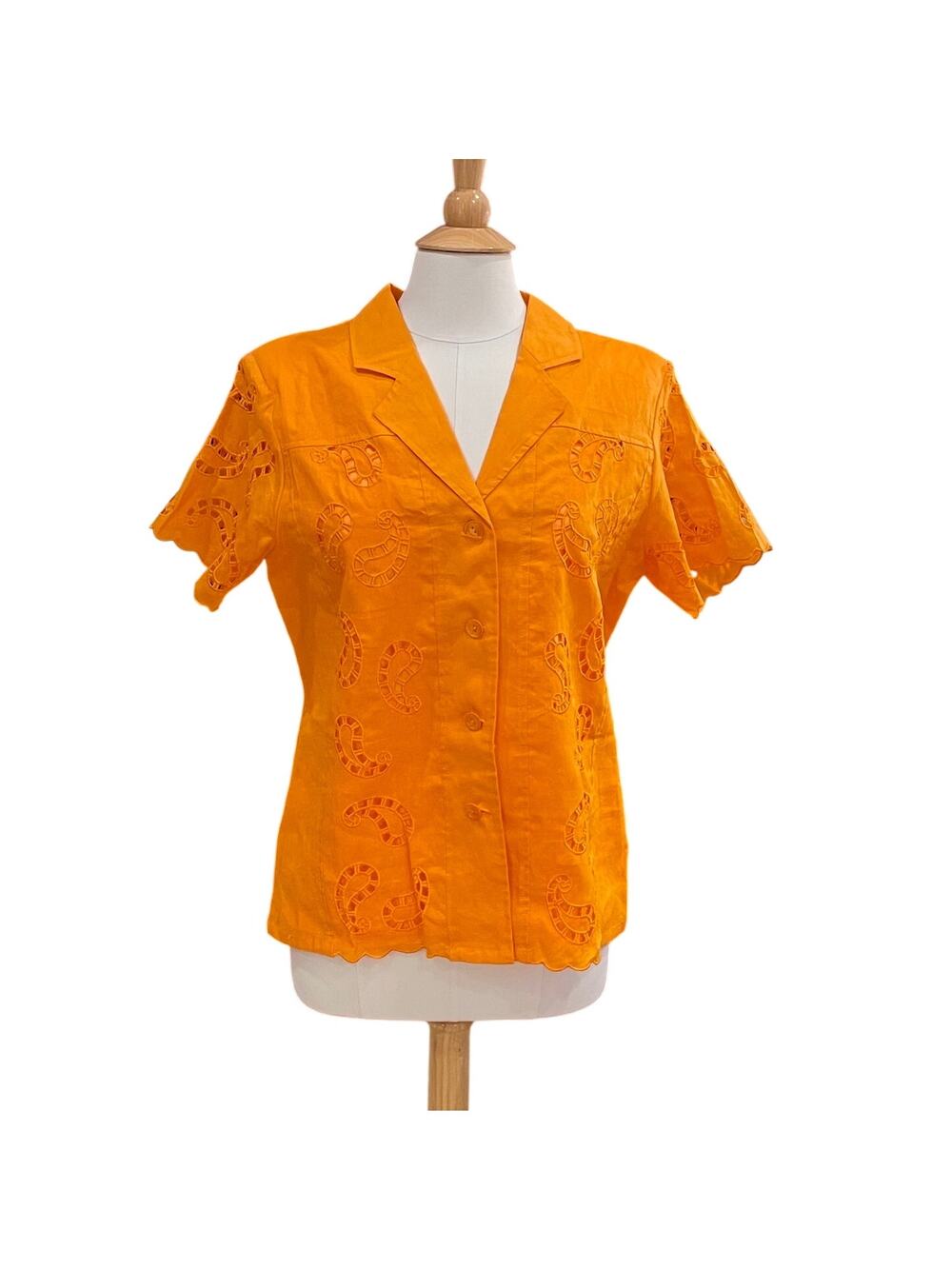 NEW La Rea Collection Orange Linen Short Sleeve V-Neck Paisley Eyelet Blouse S